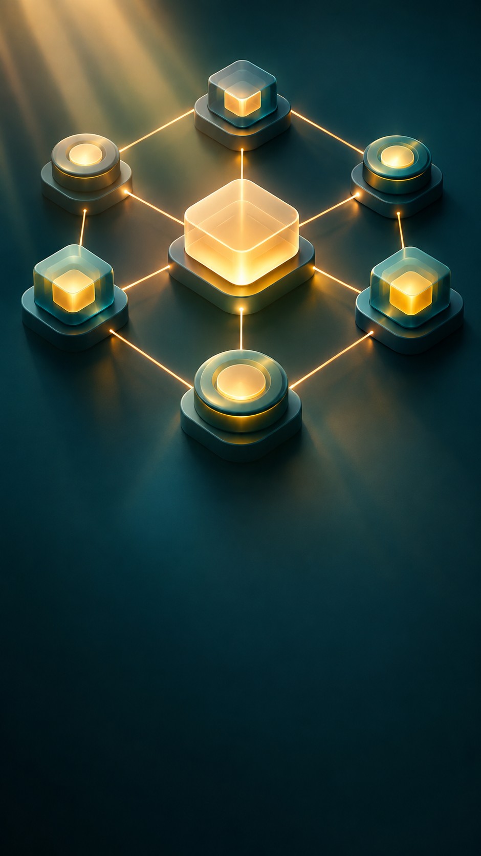 Interlocking glowing geometric tokens forming a decentralized network