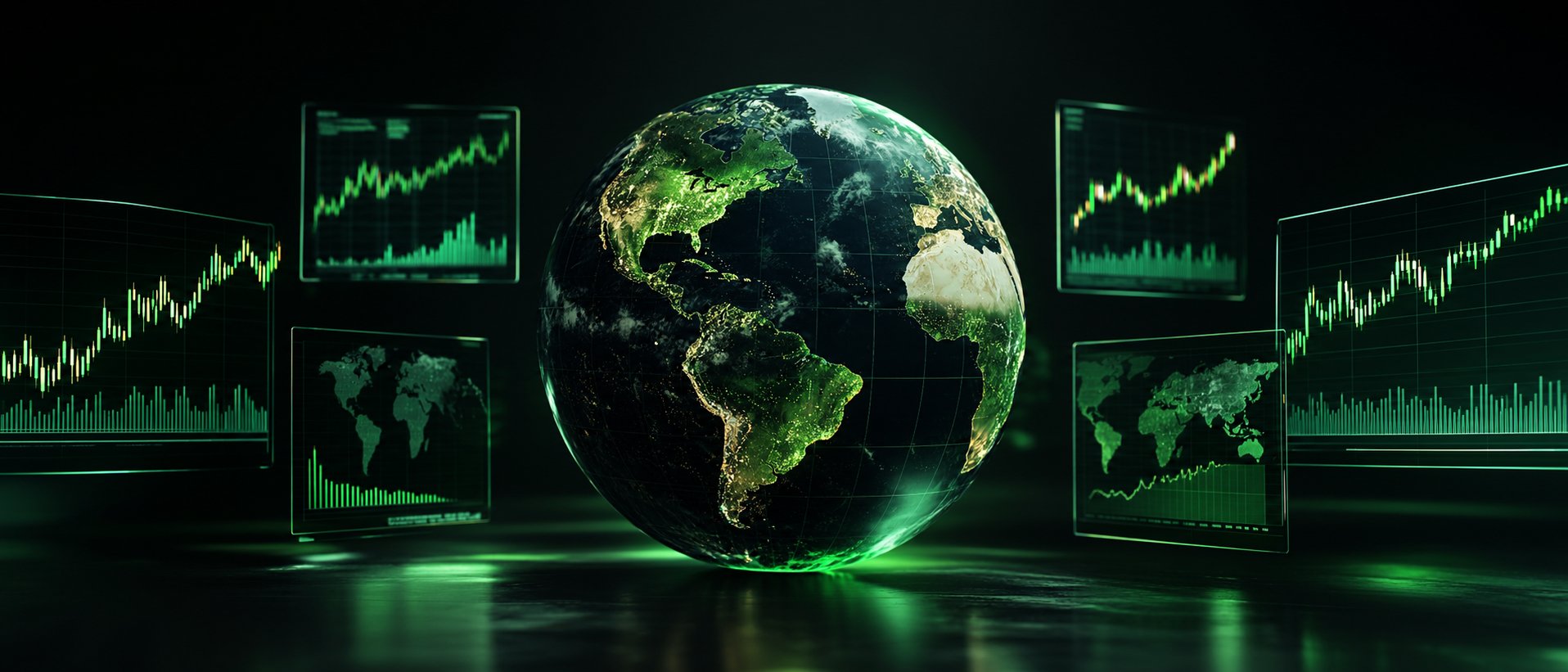 Globe surrounded by floating stock charts from different regions