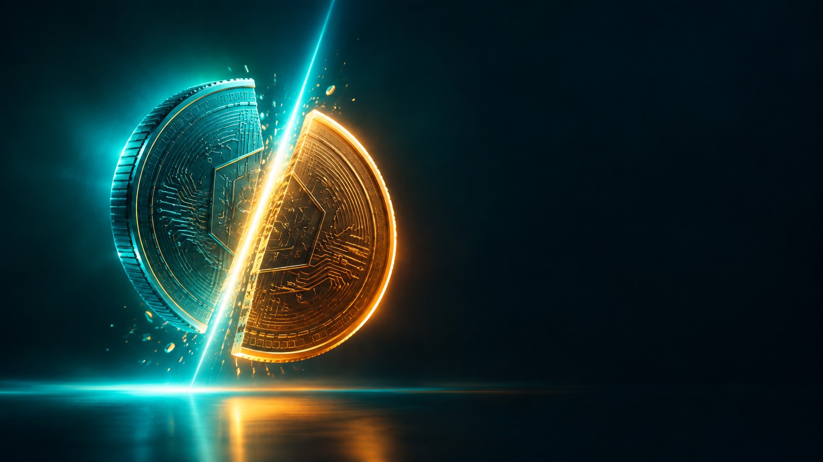 Coin being split into two halves by a beam of light